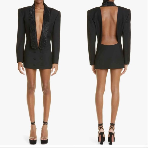 ❌SOLD❌AREA Crystal Embellished Virgin Wool Tuxedo Dress in Black, Size 2, NWT - Picture 4 of 17